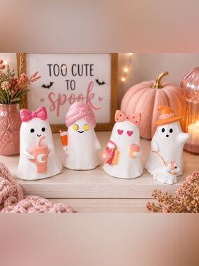 Preppy Ghost Decor Set Pink Halloween Figurines Kawaii Resin Shelf Display 6-7”
